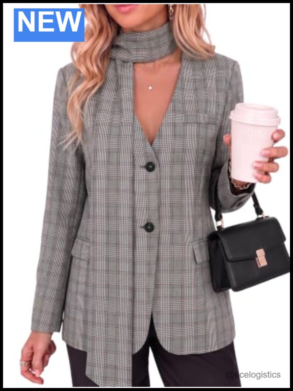 Womens Plaid Blazer V Neck Button Down Suit Jacket with Scarf Belt